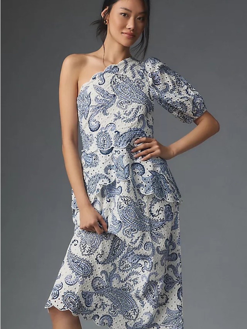 FARM Rio One-Shoulder Eyelet Midi Dress